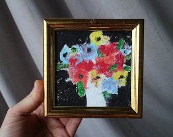 Mini floral Oil pastel painting framed 4x4 in Original flower Handmade Still life painting Bouquet painting by palette knife