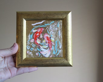 Gold Leaf Koi Painting: Miniature Red Carps in Green Water 4x4 original framed