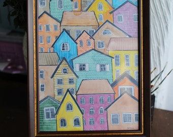 Old city house town cityscape painting watercolor original framed