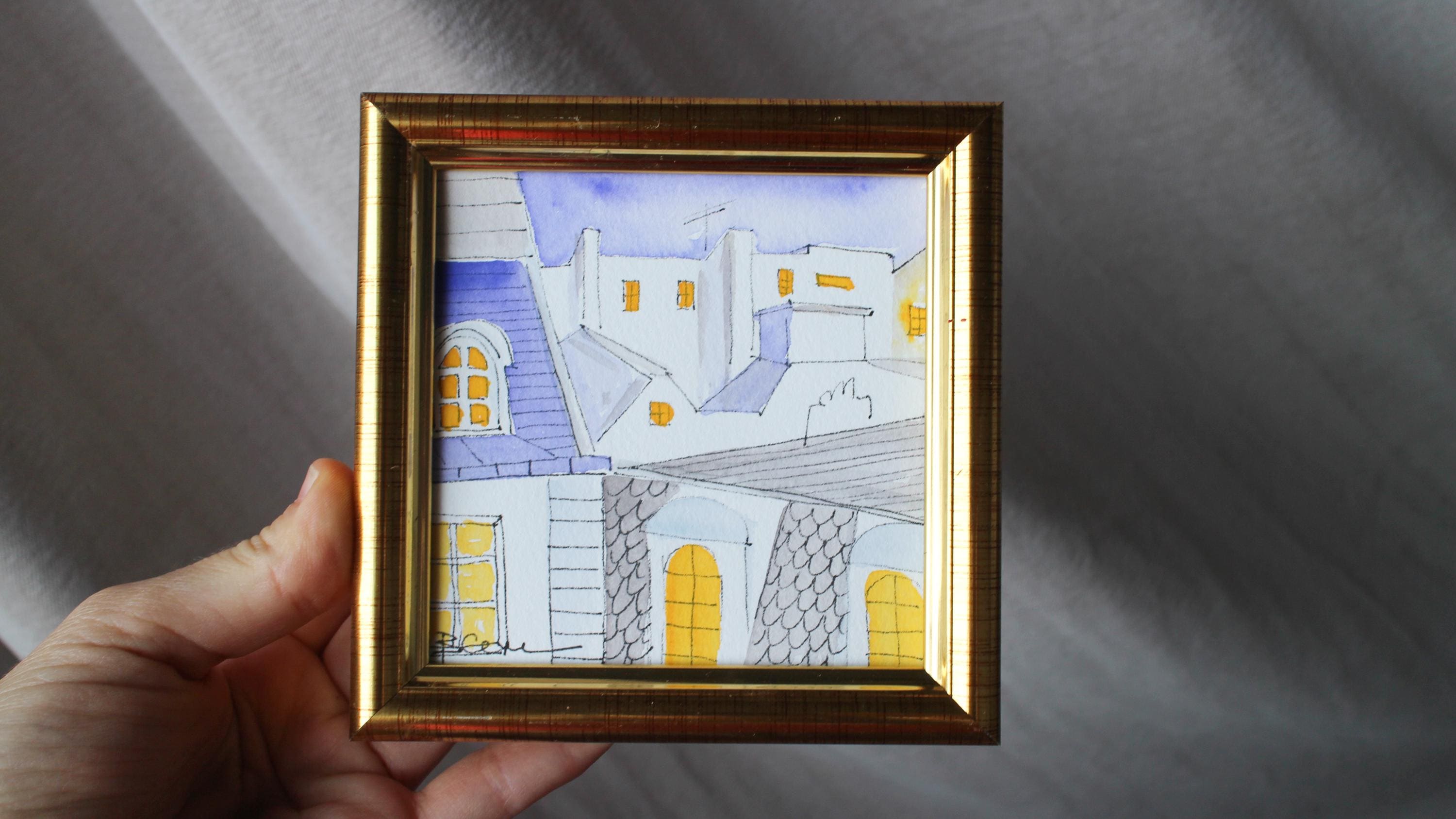 Paris cafe painting watercolor original framed Eiffel Tower painting Paris rooftops in Small Painting Wall Art Decor Painting Paris