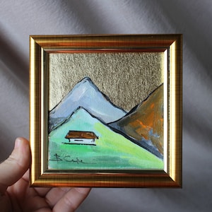 Paisagem de montanhas dos Cárpatos, pinheiros, pintura a óleo original 4x4 com folha de ouro, natureza, pintura de paisagem, floresta, lago, pintura, floresta