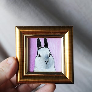 Retrato de conejo, pintura al óleo, pintura original enmarcada, 2x2, pintura de conejo, ilustración original enmarcada, decoración del hogar, arte de pared