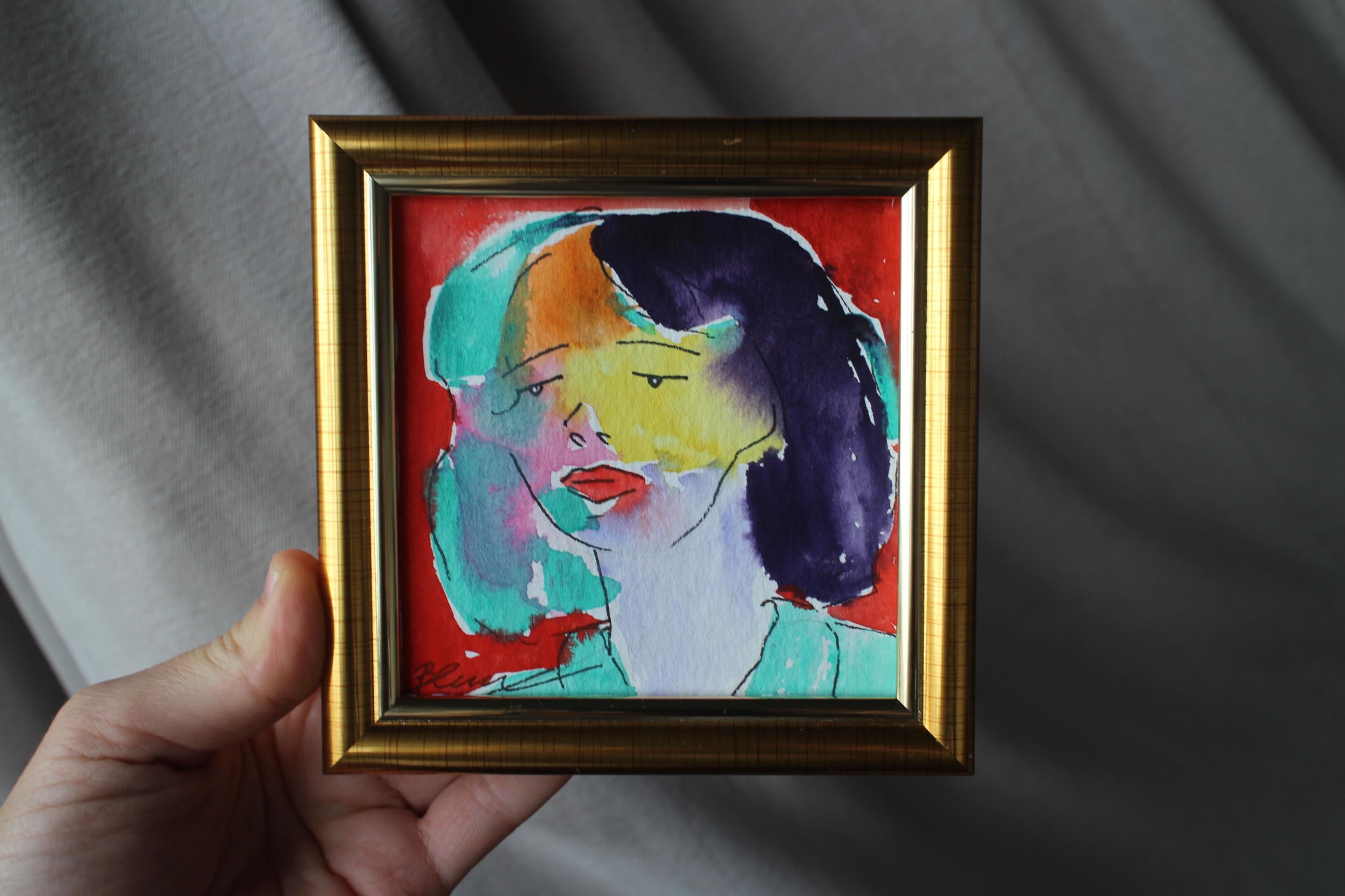 額入り女性の肖像画：オリジナル水彩画、4x4 - Etsy 日本