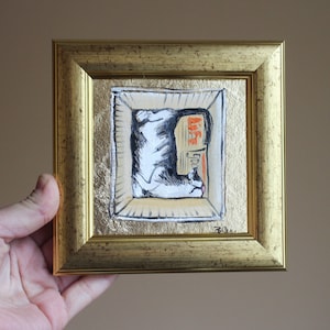Gato negro en una caja con pan de oro Pintura al óleo con pan de oro Pintura original 4x4 enmarcada Pintura de gato negro original enmarcada