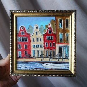Amsterdam Oil painting framed 6x6 Amsterdam cityscape Original Handmade Oil Painting on canvas Amsterdam Painting Holland Wall Art bicycle