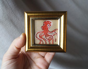 Framed Red Octopus Watercolor Painting: Original Mini Art (2x2 inch)