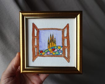 バルセロナのサグラダ・ファミリアのオリジナル水彩画からのアート