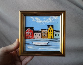 Copenhagen oil painting original framed 4x4 Kopenhagen cityscape Denmark Oil Painting on canvas