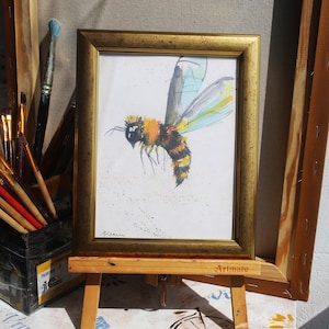 Honey bee painting watercolor original framed bee illustration home decor wall art gift Wildlife painting