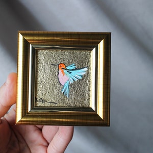 Hummingbird Painting with gold leaf colibri bird 2x2 gold Leaf Art Ruby Throated Colibri Garganta Rubi Gold Leaf Texture Wall Art