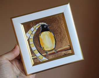 ザクセン王の鳥油絵オリジナルクラフトハンドメイド：金箔額入りアート