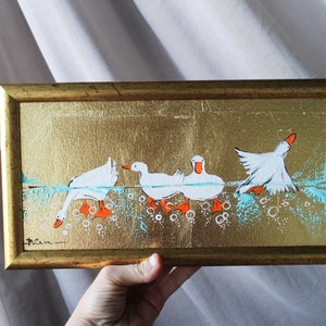 White goose swimming oil Painting original painting framed white geese painting original illustration home decor wall art
