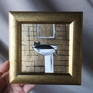 Gato negro en el lavabo con pan de oro Pintura al óleo con pan de oro 10x10 pintura original enmarcada pintura de gato original enmarcada