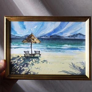 Hawaii sketch Painting Beaches watercolor painting original framed Seascape Tropical Palm Tree sunshine filled weekend