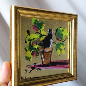 Le chat a renversé le pot de fleurs Peinture à l'huile avec feuille d'or 4 x 4 peinture originale encadrée Peinture de chat noir originale encadrée