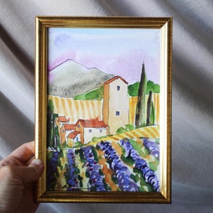 Tuscany Lavender Italy painting watercolor original framed Tuscany painting Small Painting Wall Art Decor Painting