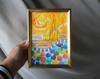 バルセロナのサグラダ・ファミリアのオリジナル水彩画からのアート