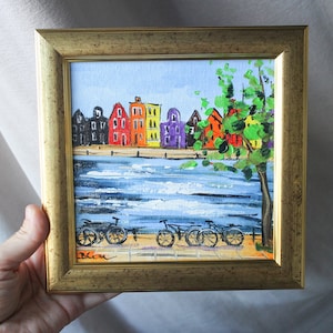 Amsterdam Oil painting framed original, Amsterdam cityscape 6x6 Holland Oil Painting on canvas, Amsterdam Painting, Holland Wall Art  Decor