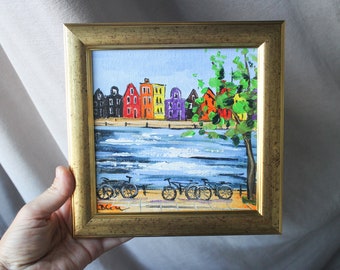 Amsterdam Oil painting framed original cityscape 6x6 canvas Holland Wall Art Decor