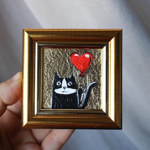 Peinture à l'huile de coeur de Saint-Valentin de chat noir 2 x 2 avec la peinture d'art de feuille d'or à l'huile de panier cadeau peinture d'or peinture d'art d'art moderne d'or