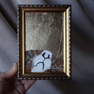 Retrato de gato atigrado con pan de oro Pintura al óleo con pan de oro Pintura original de 4x6 enmarcada Pintura de gato negro original enmarcada