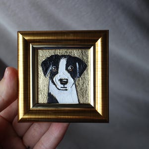 Peinture à l&#39;huile portrait noir et blanc jack russell terrier originale encadrée avec feuille d&#39;or 2 x 2 chien peinture à l&#39;huile chiot peinture portrait de chien