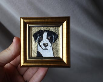 Jack Russell Terrier Oil Painting pet portrait with Gold Leaf Frame 2x2 original framed