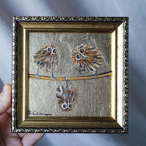 Retrato de búho, pintura al óleo, pintura original enmarcada con pan de oro, 4x4, pintura de búho, ilustración original enmarcada, decoración del hogar, arte de pared