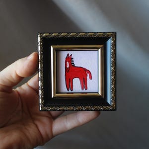 Red Fire horse miniature original oil painting framed 2x2 with black frame