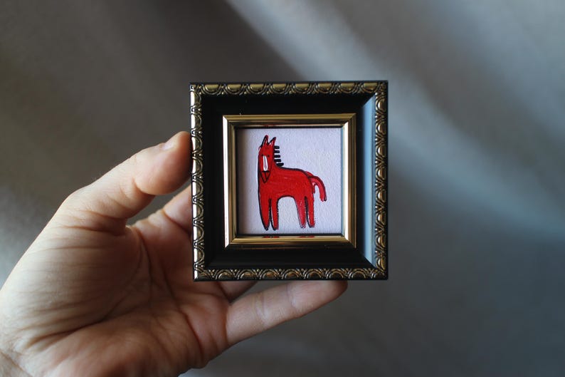 Red Fire horse miniature original oil painting framed 2x2 with black frame