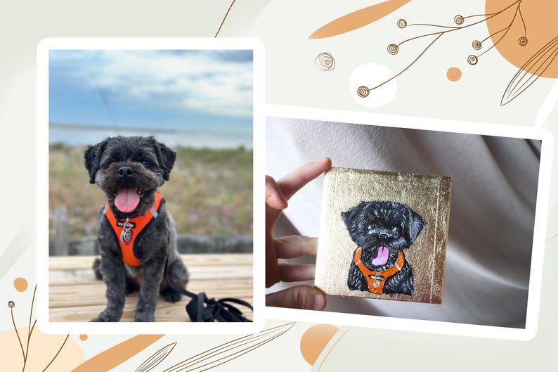 Peut inclure: Un chien noir heureux avec un harnais orange est assis sur un ponton en bois, la langue tir&eacute;e. Une petite peinture du chien sur fond dor&eacute; est &eacute;galement montr&eacute;e.