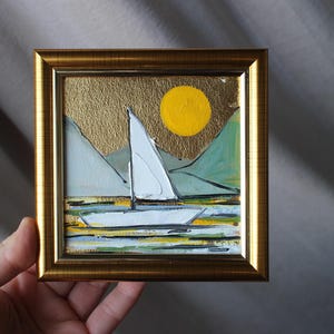 Pintura a óleo de paisagem marinha com ondas emolduradas em folha de ouro, pôr do sol, barco 4x4, Tailândia, pintura de paisagem marinha, mar, pôr do sol, pintura original