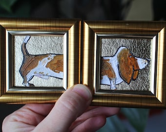 Brown white Basset Hound Oil Painting: Gold Leaf Framed Dog puppy Portrait (2x2 in)