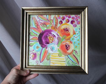 花瓶の中の花束 キャンバスに描かれたカラフルな抽象画 花の静物画 花