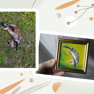 Peut inclure: Un chat tricolore allong&eacute; sur l'herbe verte, avec une peinture encadr&eacute;e d'un chat dans une pose similaire. La peinture a un cadre dor&eacute; et un fond vert. Le chat sur la peinture est &eacute;galement tricolore.