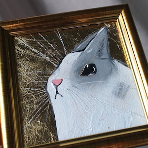 Retrato de conejo pintura al óleo pintura original enmarcada hoja de oro 4x4 Pintura de conejo original ilustración enmarcada decoración del hogar arte de la pared