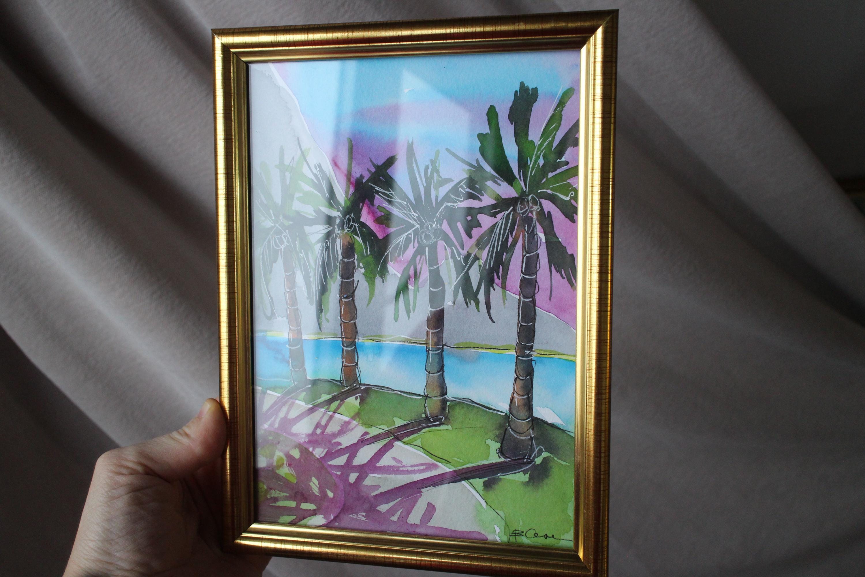 ハワイの絵画 ビーチ 水彩画 オリジナル額入り 海の景色 トロピカル