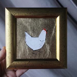 Pintura al óleo de gallina de pollo, pintura original enmarcada con hoja de oro, pintura de gallina de 4 x 4, ilustración enmarcada original, decoración del hogar, arte de pared