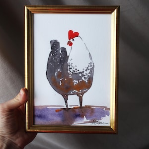 Pintura de pollo, pintura de gallina, quiquiriquí, acuarela, ilustración original enmarcada, gallo, decoración del hogar, arte de pared