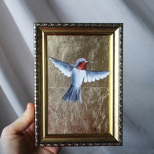 Hummingbird Colibri coruscans oil Painting with gold leaf 4x6 original framed gold Leaf Art Gold Leaf Texture Wall Art Oil Painting