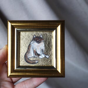 Retrato de gato Ragdoll con pan de oro Pintura al óleo con pan de oro 2x2 Pintura original enmarcada Pintura de gato Ragdoll original enmarcada