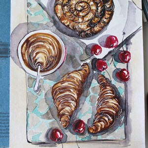 Food breakfast croissant coffee painting watercolor original framed illustration cafe decor wall art gift