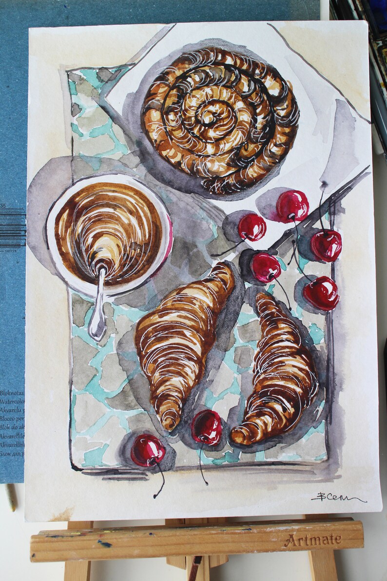 Food breakfast croissant coffee painting watercolor original framed illustration cafe decor wall art gift