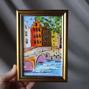 Amsterdam Oil painting framed 4x6 in Holland cityscape Original Handmade Oil Painting on canvas Amsterdam Painting Holland Wall Art