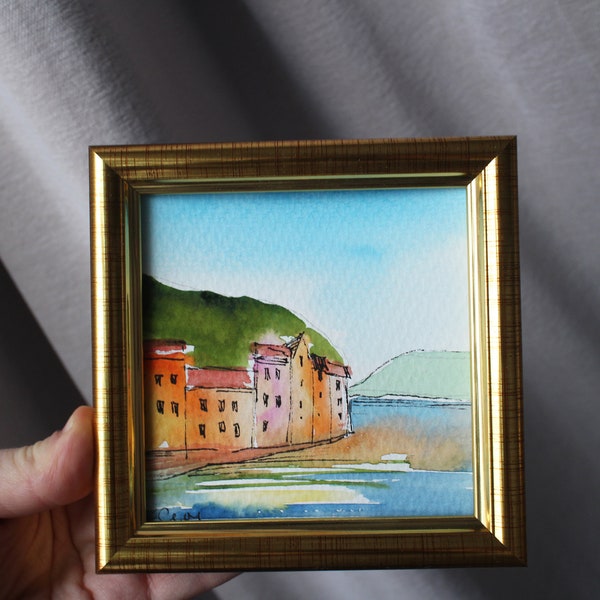 Portofino Italy miniature watercolor painting framed 4x4 original Portofino Italy Wall Art Decor Rome gift