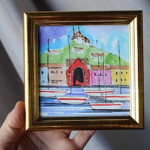 Marseille France painting watercolor sketch framed 4x4 original Marseille France Small Painting Wall Art Decor Painting