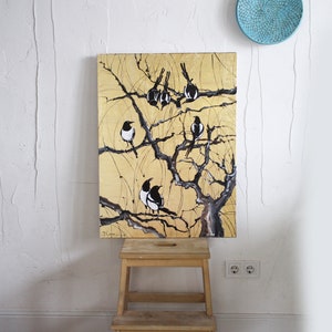 Elster-Vogel-Fliege Ölgemälde original eingerahmt mit Blattgold Piet in Flug-Serie Blattgold Kunst Blattgold Texture Wall Art