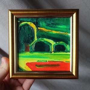 Árvores no parque Paisagem pinheiros original 4 x 4 pol Pintura a óleo Natureza Paisagem Pintura Floresta Lago Pintura original Floresta