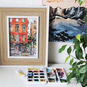 New York city NY café Pete's seafood café acquerello pittura originale con cornice paesaggio urbano degli Stati Uniti schizzo acquerello pittura