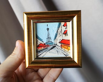 Miniature Framed Eiffel Tower Oil Painting, Paris Street Art (2x2 in)